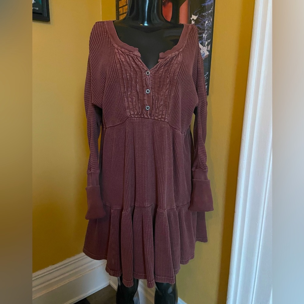 Free People Mauve Ribbed Tiered Henley Dress